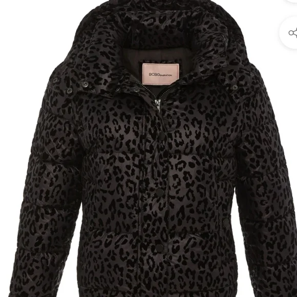 BCBG Generation Hooded Midweight Puffer Black Leopard Jacket size Small - Picture 3 of 13